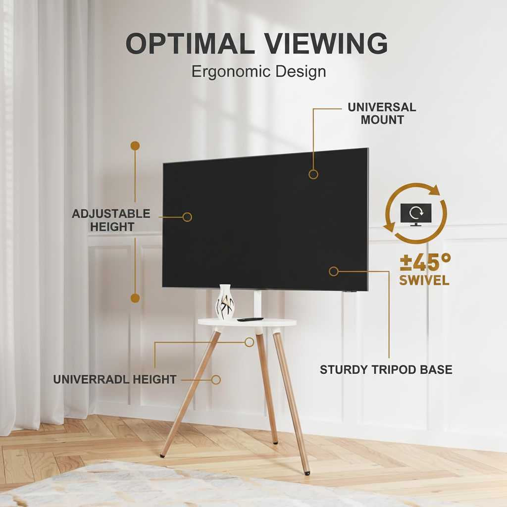 Durable tripod TV stand for 40-65 inch TVs, white swivel wooden tray, height adjustable, sturdy base.