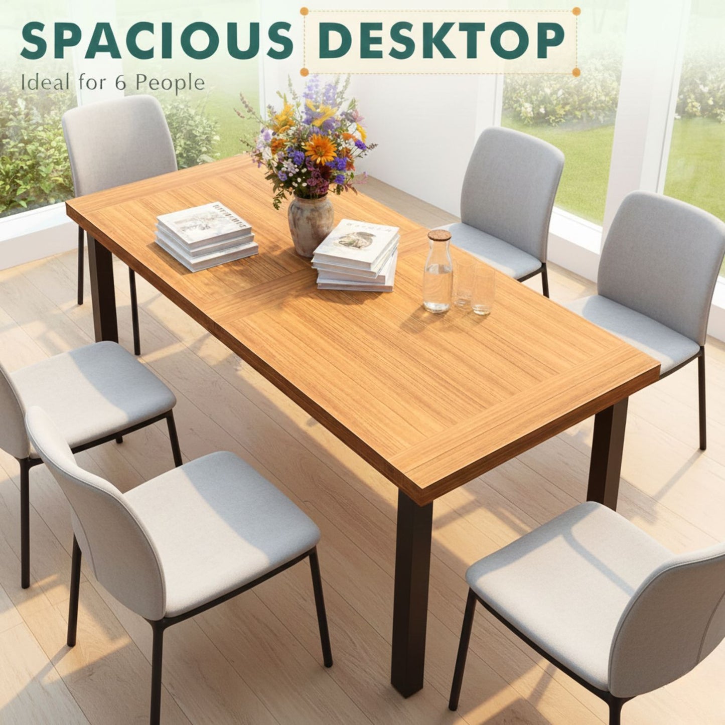 Eco-luxury acacia wood dining table for 6 with iron legs, indoor-outdoor, six light-gray upholstered chairs