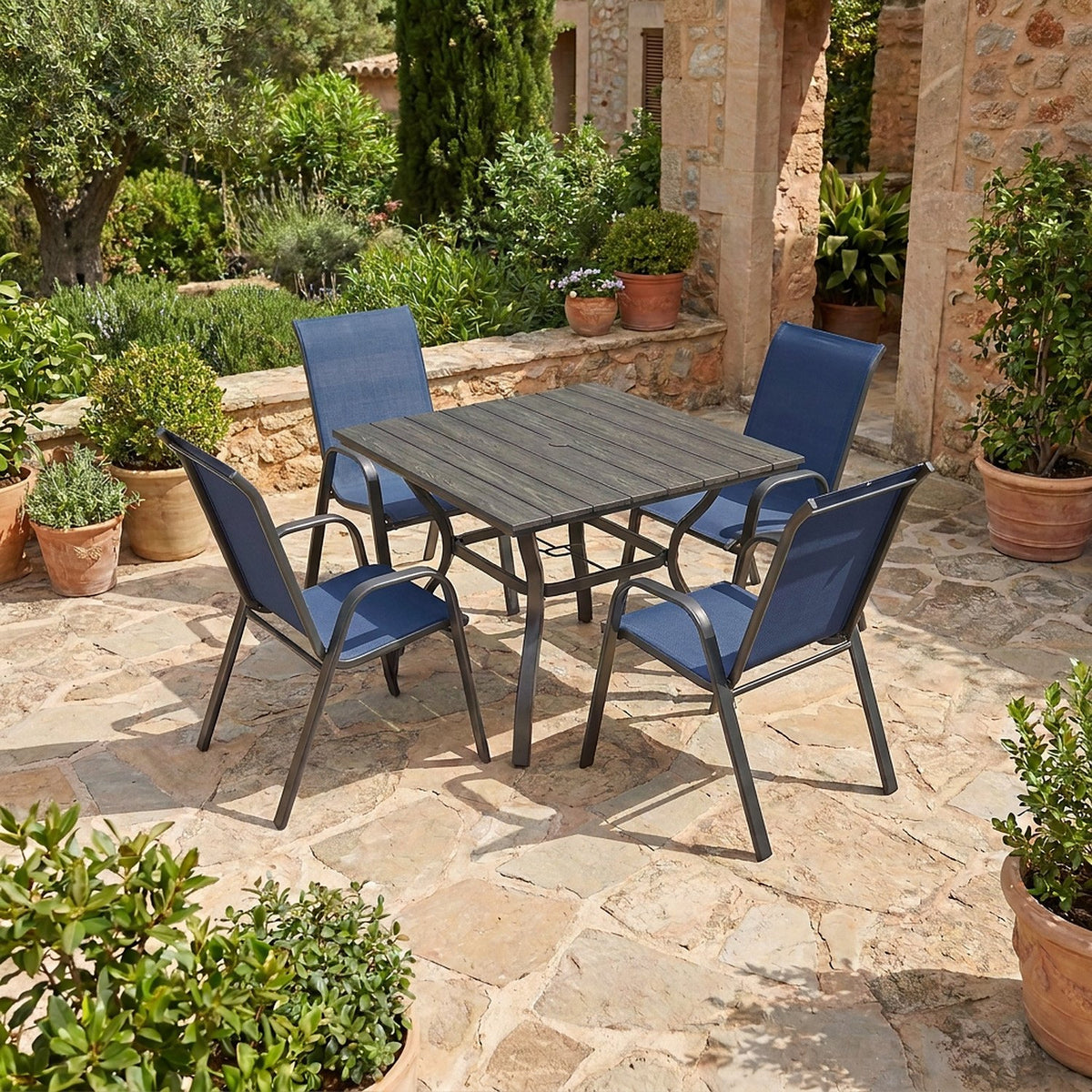 5-piece patio dining set, navy blue, environmental