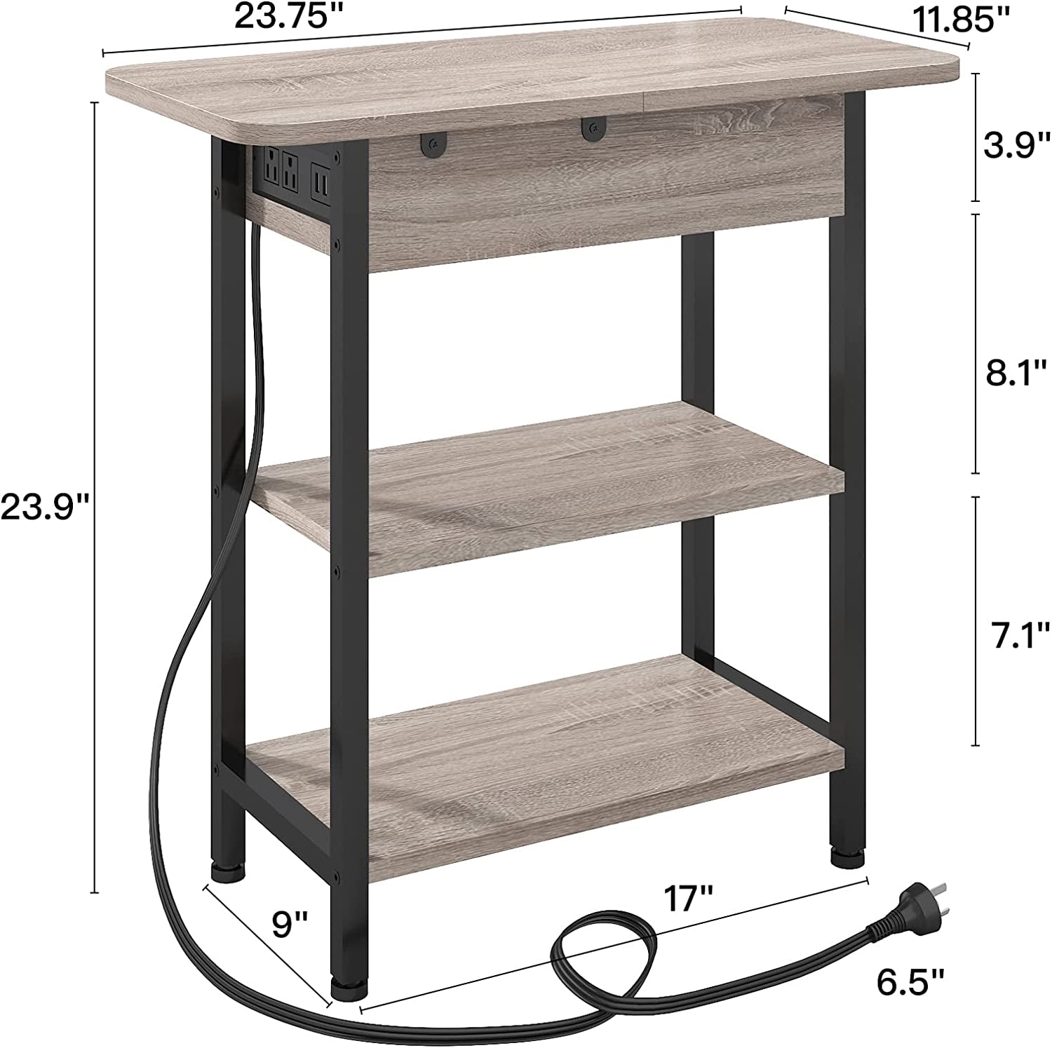 End Table with left vertical charging station, USB ports and two 120V outlets, black metal frame.