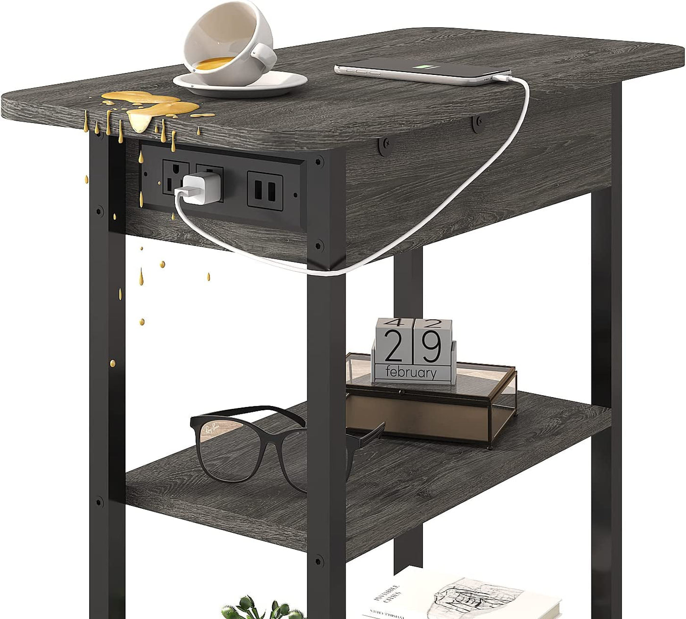 End table with left-side charging station, two USB ports and two 3-prong outlets, flip-top lid in dark wood.