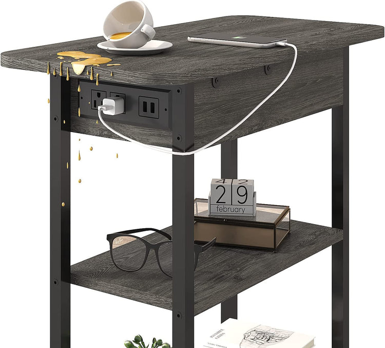 End table with left-side charging station, two USB ports and two 3-prong outlets, flip-top lid in dark wood.