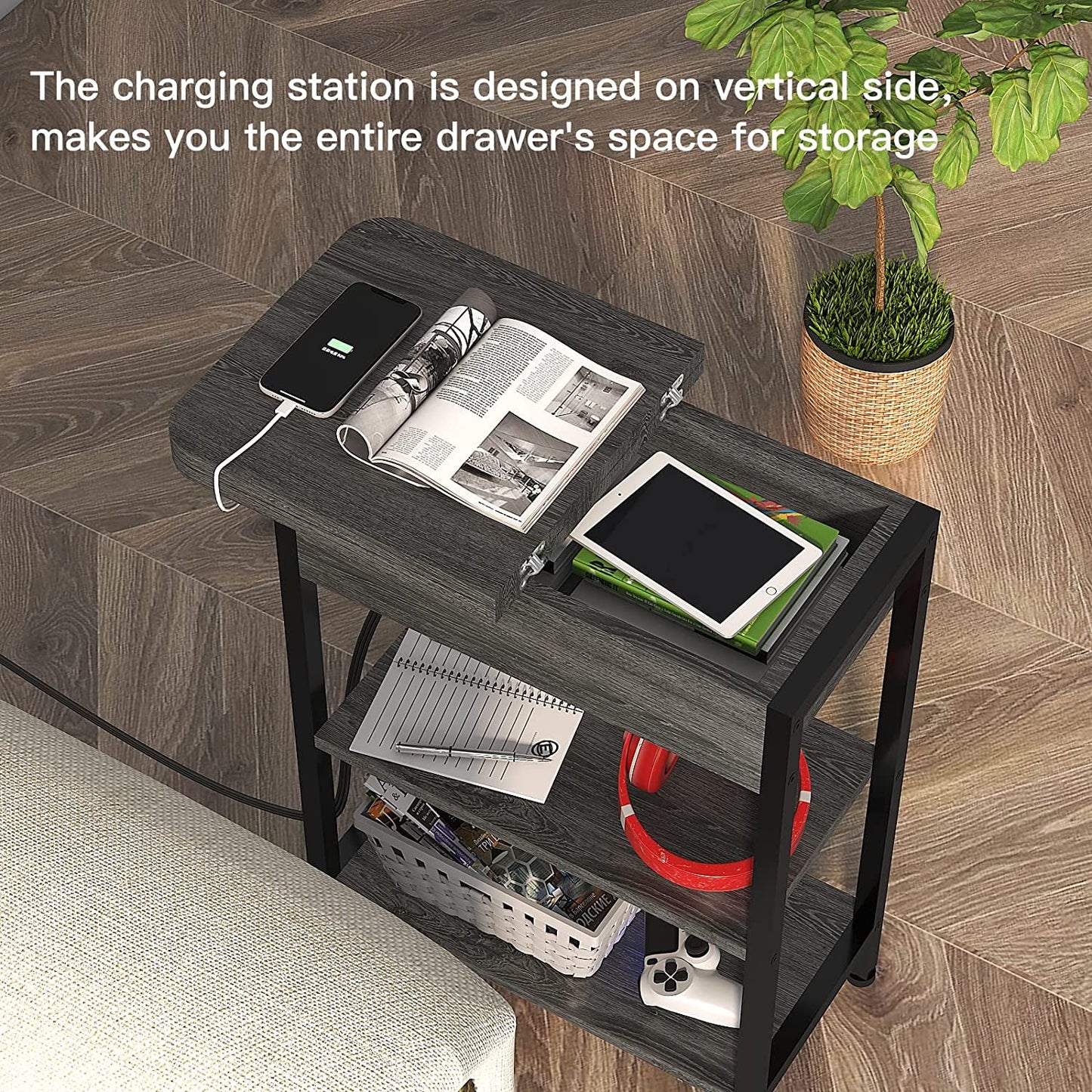 End table with left-side flip-top charging station, USB ports, two 3-prong outlets, and storage shelf.