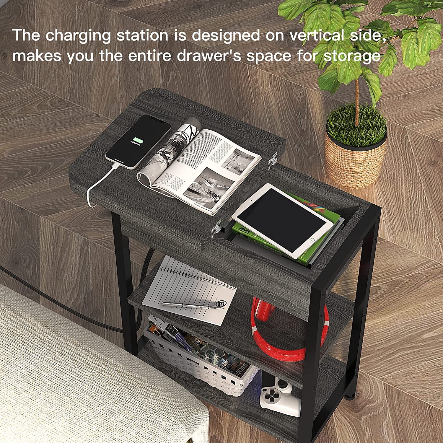 End table with left-side flip-top charging station, USB ports, two 3-prong outlets, and storage shelf.