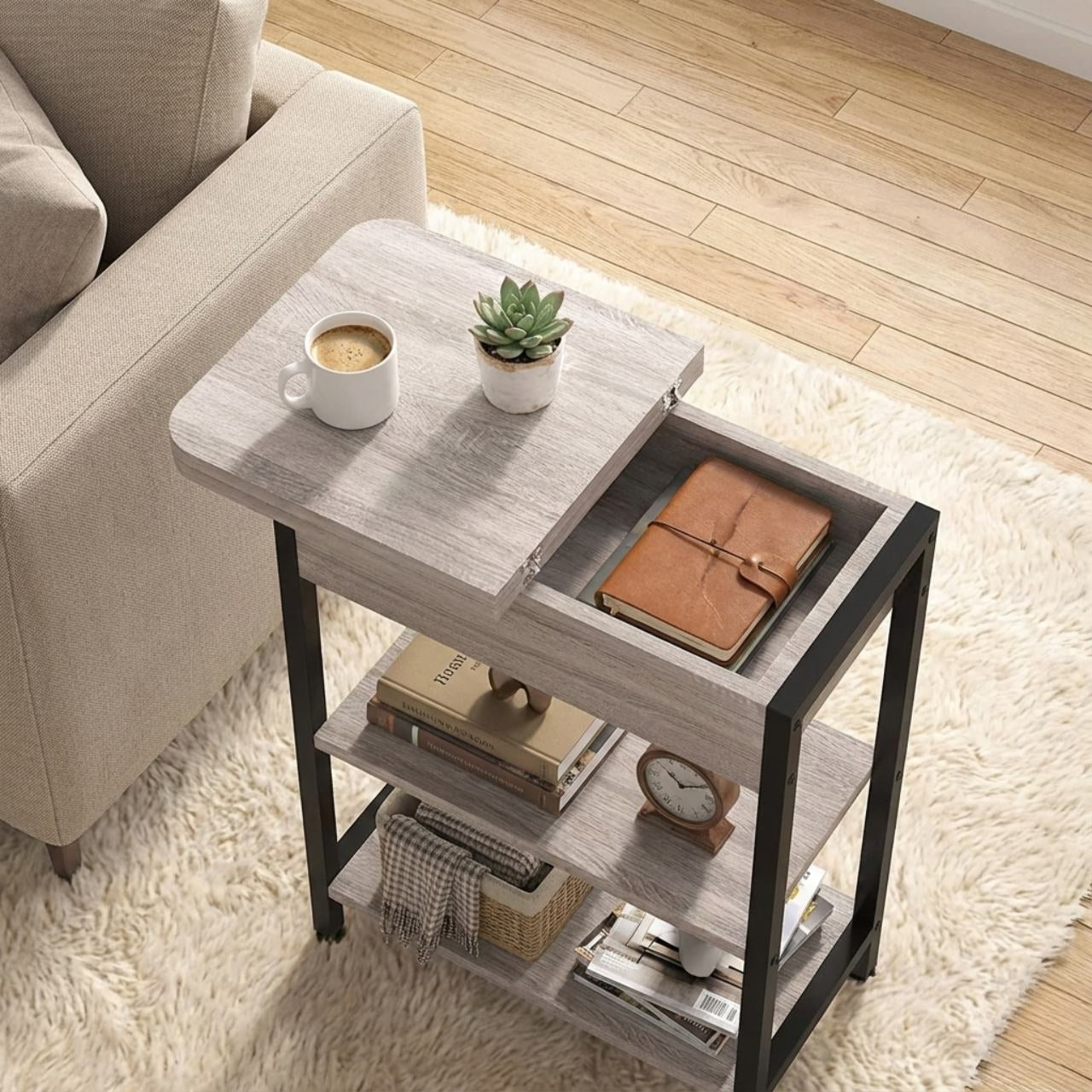 End table with left-side vertical charging station, 2 USB ports and 2 120V outlets, plus open and bottom shelves.