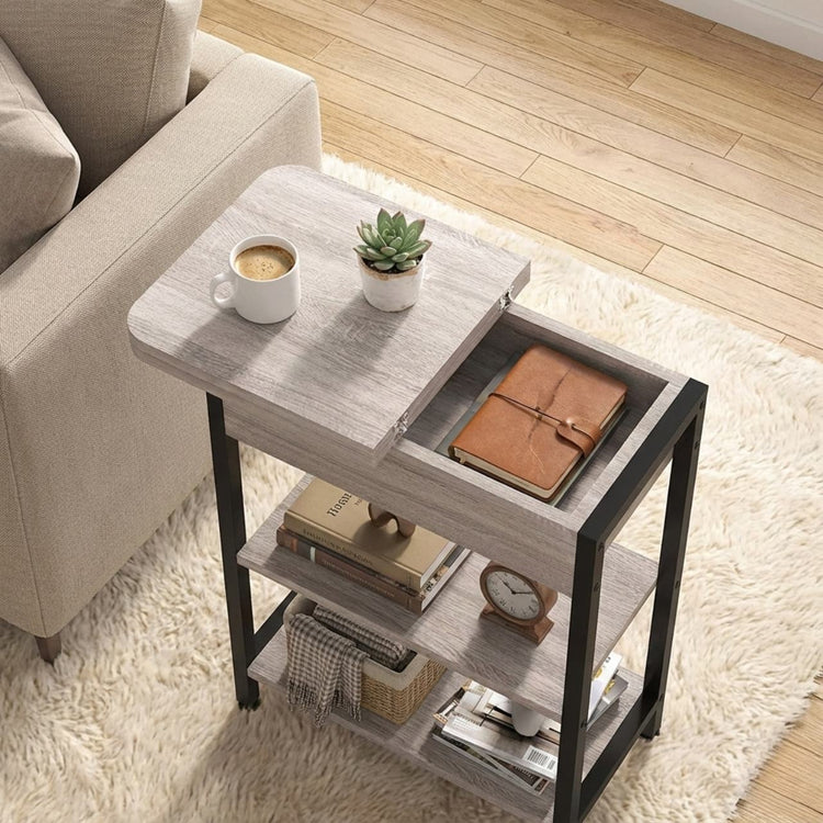 End table with left-side vertical charging station, 2 USB ports and 2 120V outlets, plus open and bottom shelves.