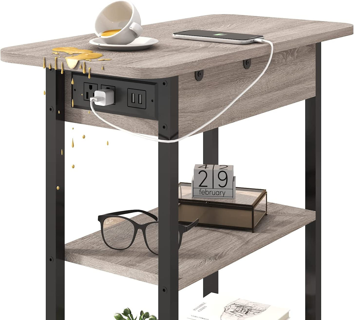 End table with left-side vertical charging station, USB ports and 120V outlets, wood finish.