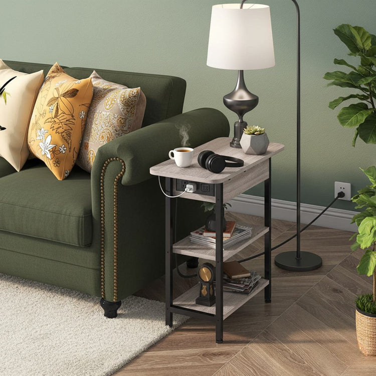 End table with left-side vertical charging station, two USB ports and two 120V outlets beside sofa