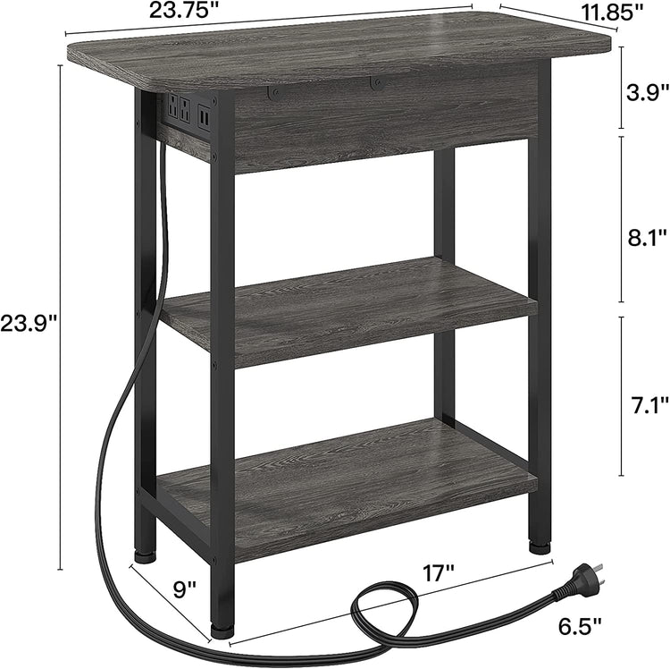 End table with left-side vertical charging station, two USB ports and two outlets, flip-top left side, three shelves.