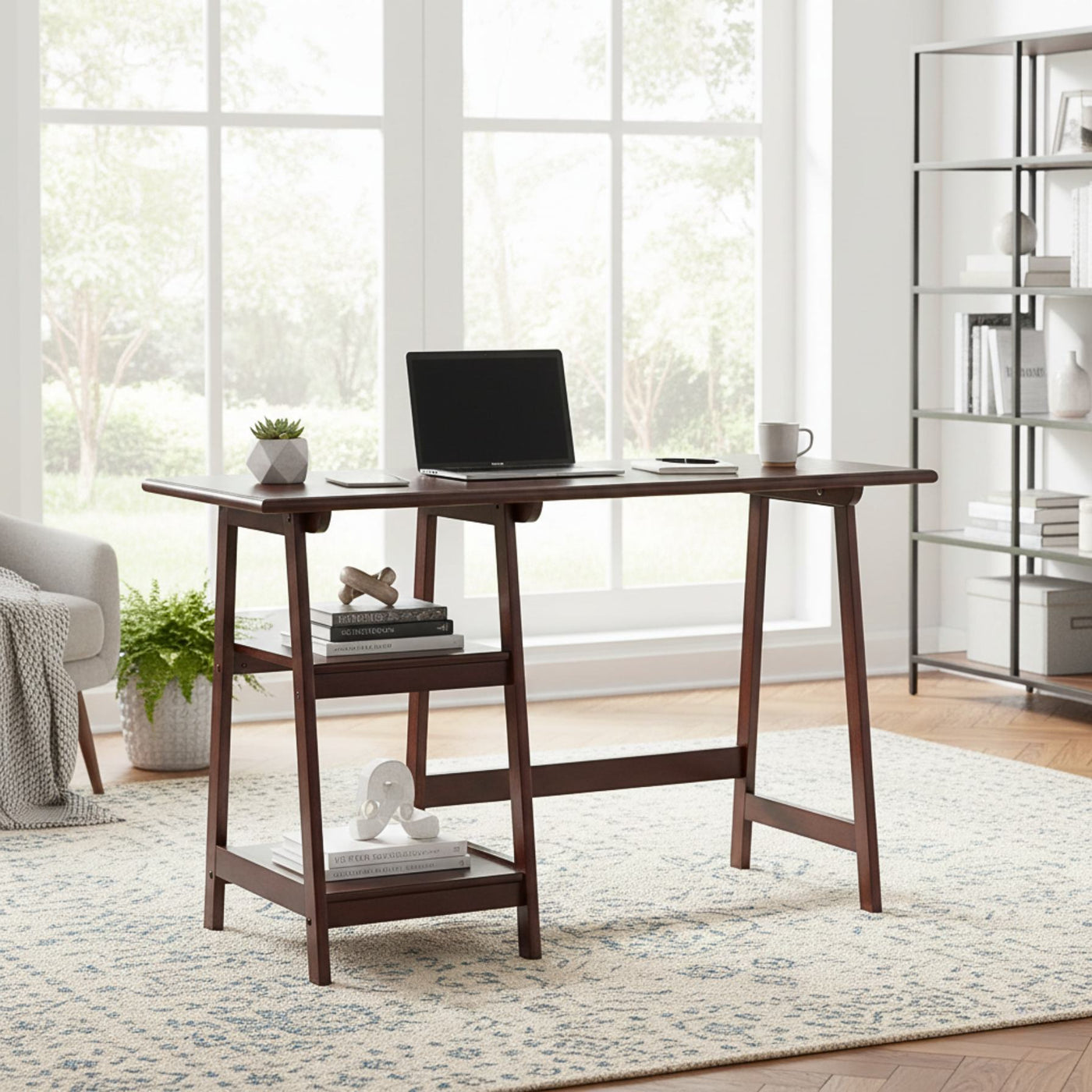 Espresso finish wood home office desk for laptop with built-in shelving in a bright modern room.