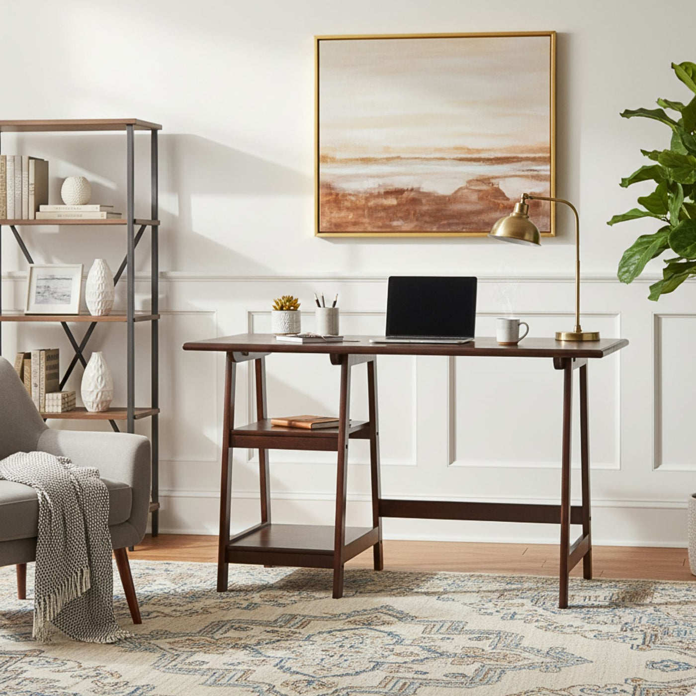 Espresso finish wood home office desk for laptops, ultra-compact workspace with clean lines.