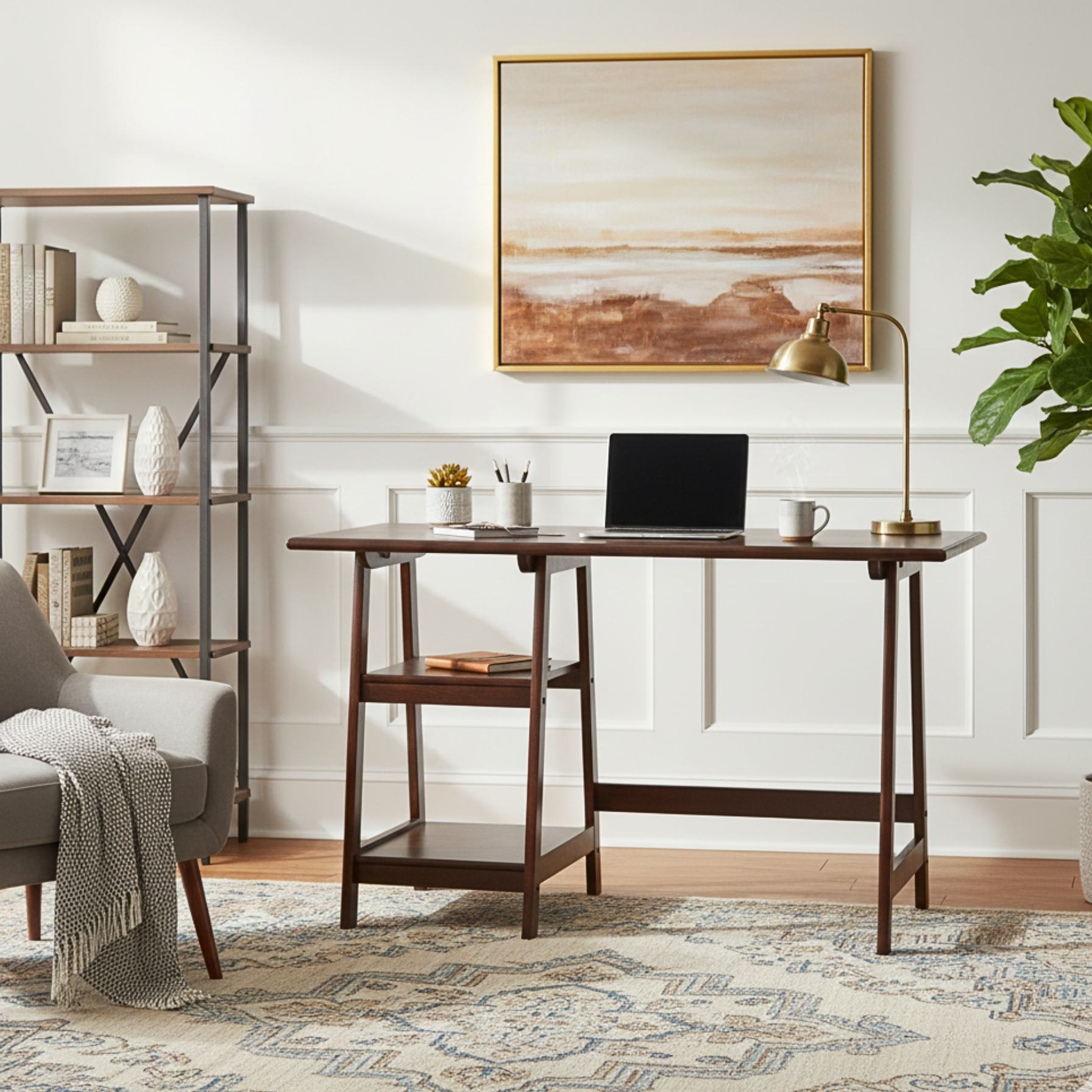 Espresso finish wood home office desk for laptops, ultra-compact workspace with clean lines.