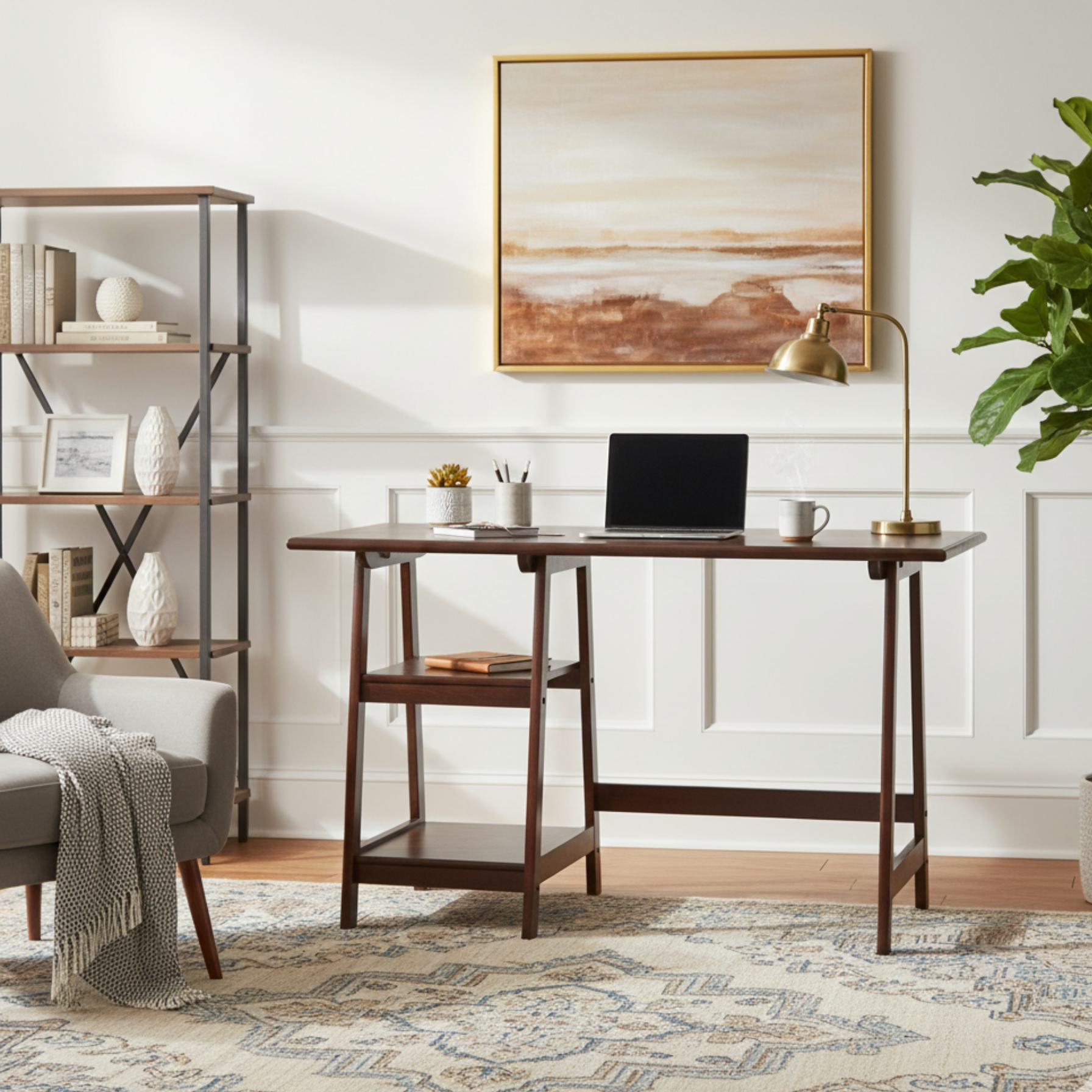 Espresso finish wood home office desk with laptop, brass lamp, and tidy, compact workspace.