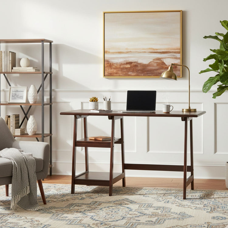 Espresso finish wood home office desk with laptop, brass lamp, and tidy, compact workspace.
