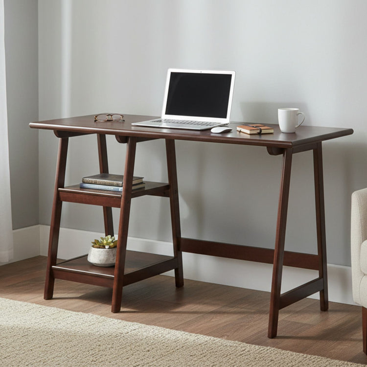 Espresso finish wood home office laptop desk with ladder-style legs and lower shelf