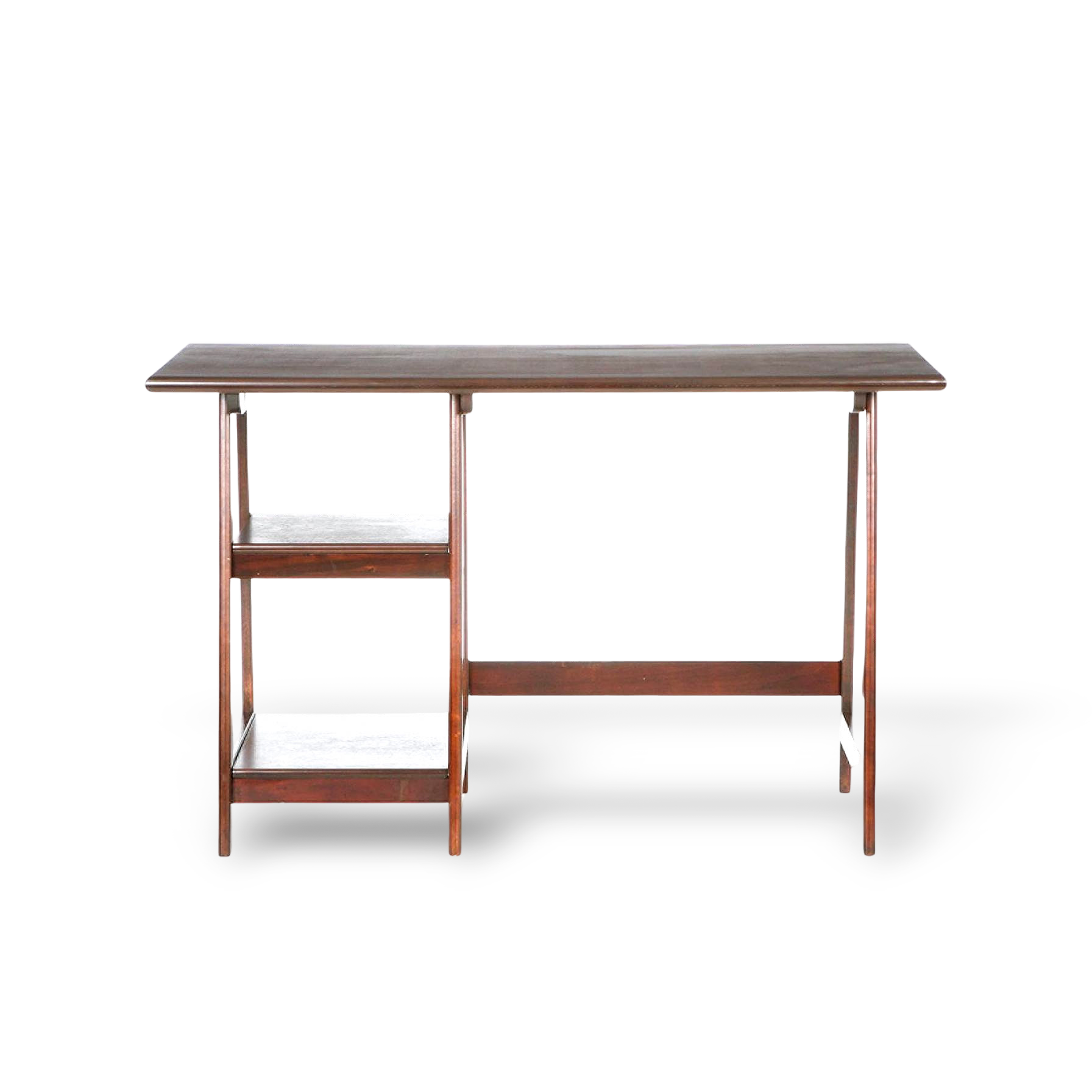 Espresso finish wooden home office desk with a left two-shelf storage unit for laptop setup.