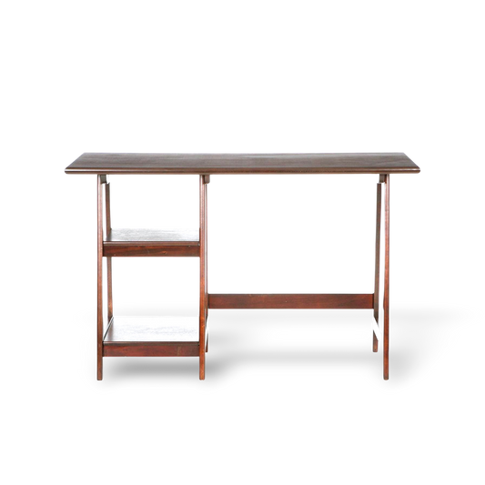 Espresso finish wooden home office desk with a left two-shelf storage unit for laptop setup.