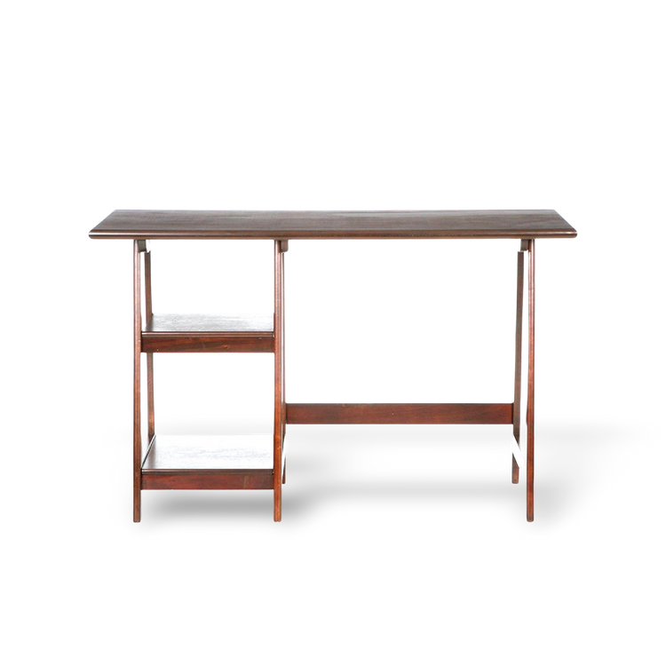 Espresso finish wooden home office desk with a left two-shelf storage unit for laptop setup.