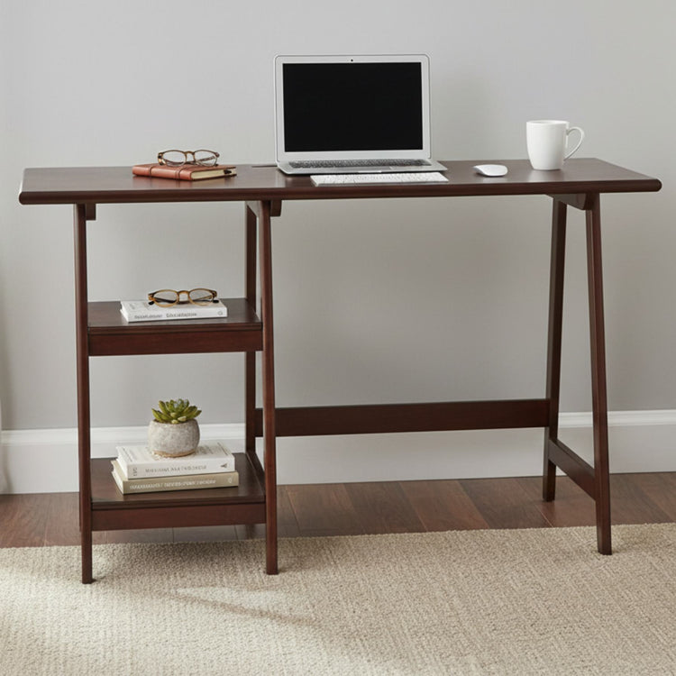 Espresso finish wooden home office desk with left shelving; laptop and keyboard on top, mug nearby.