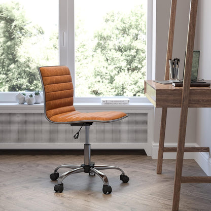 brown vinyl task chair with chrome frame, two-tone upholstery, pneumatic height adjustment