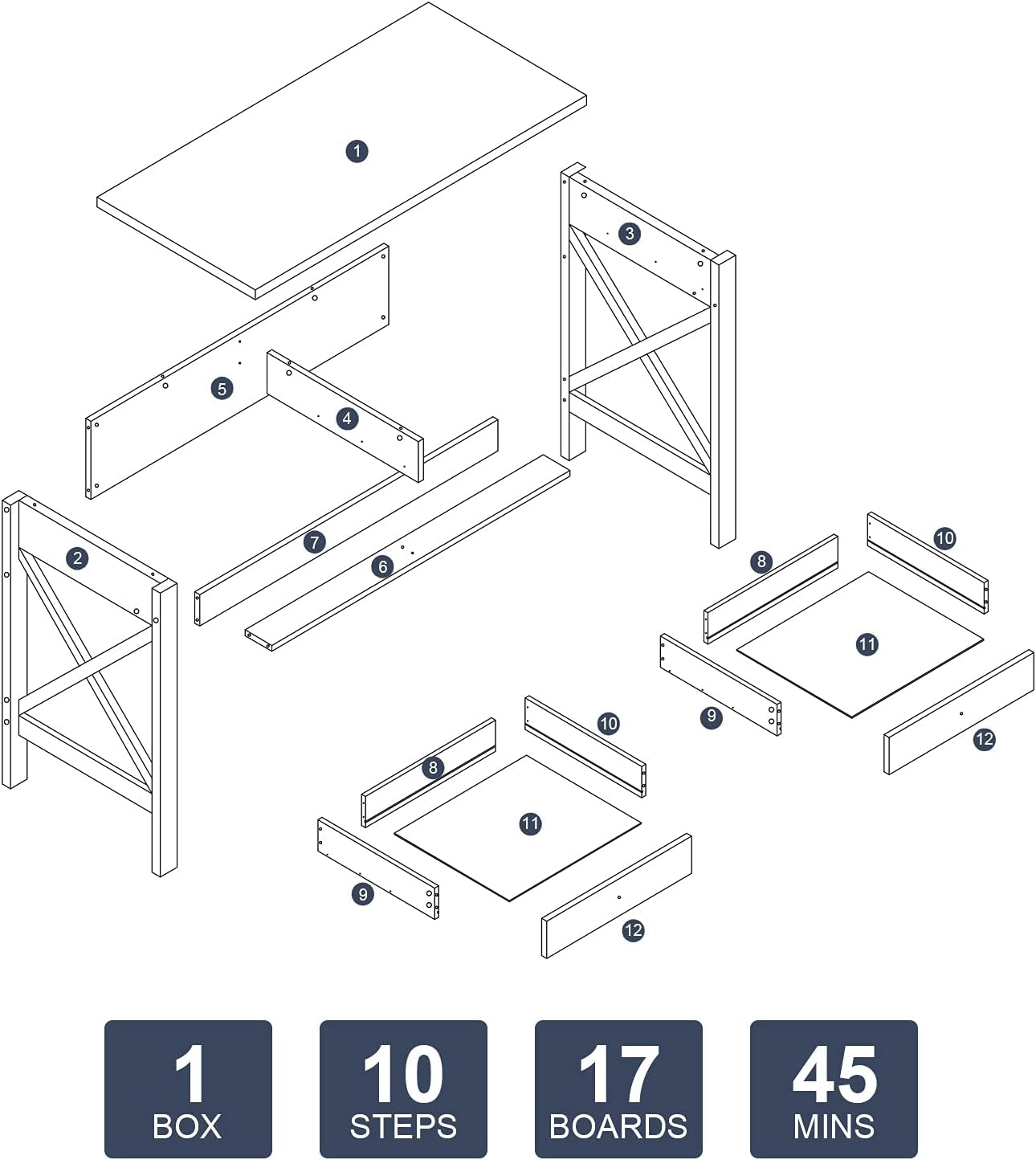 Exploded view of a grey home office desk with two drawers, showing panels, legs, rails and hardware.