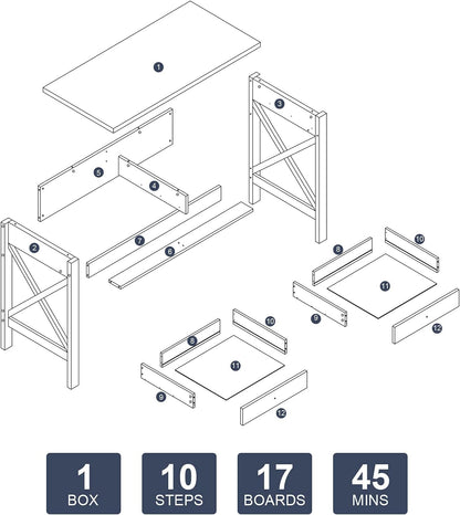 Exploded view of a grey home office desk with two drawers, showing panels, legs, rails and hardware.