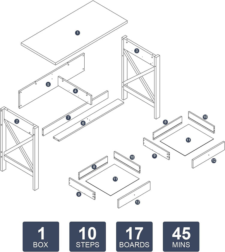 Exploded view of a grey home office desk with two drawers, showing panels, legs, rails and hardware.
