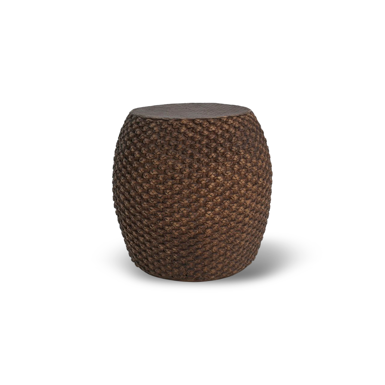Faux rattan round side table in rich brown for indoor and outdoor use.