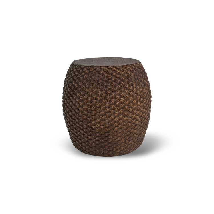 Faux rattan round side table in rich brown for indoor and outdoor use.