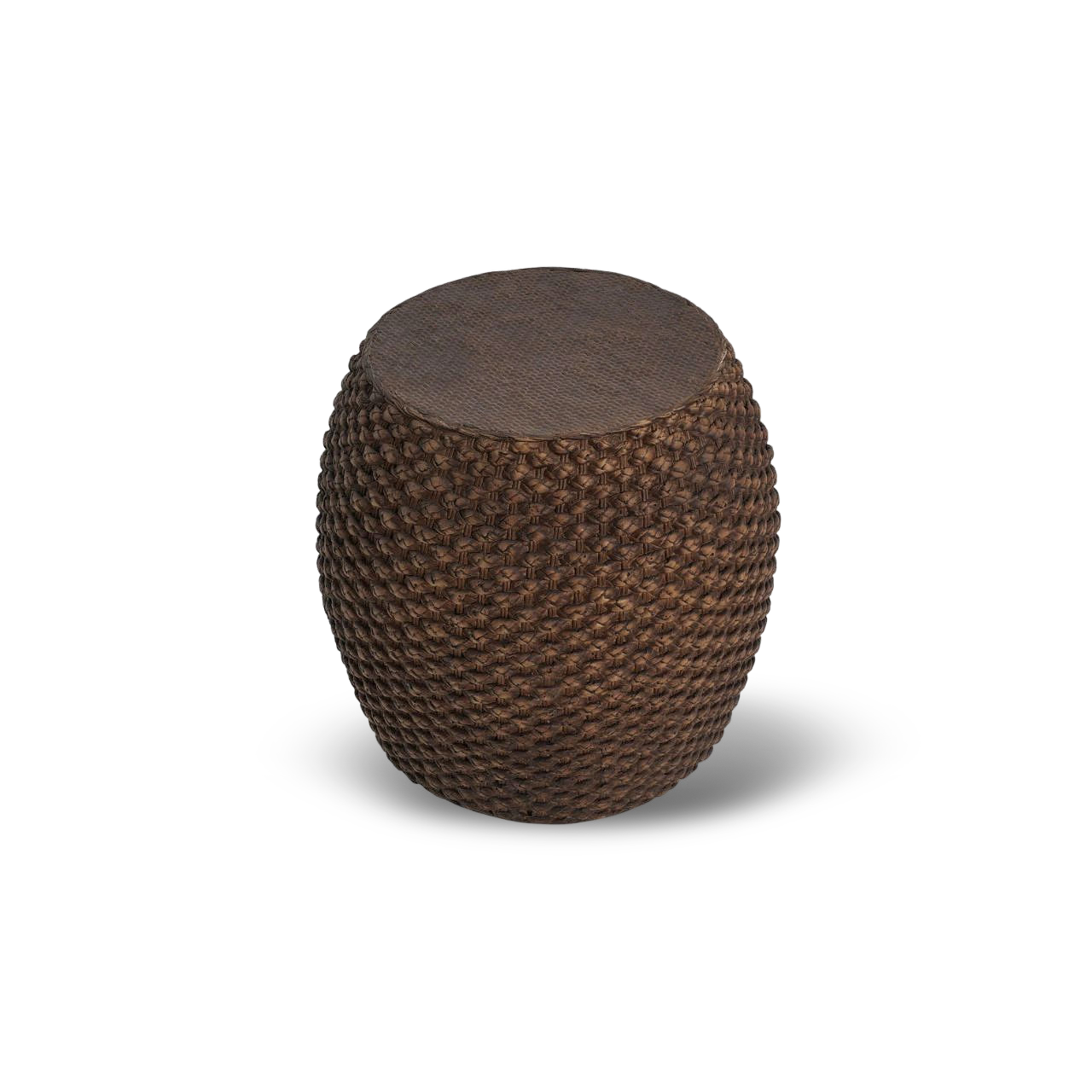 Faux rattan side table for both indoor and outdoor use with a round top and warm brown weave.