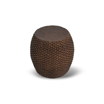 Faux rattan round side table in rich brown for indoor and outdoor use.