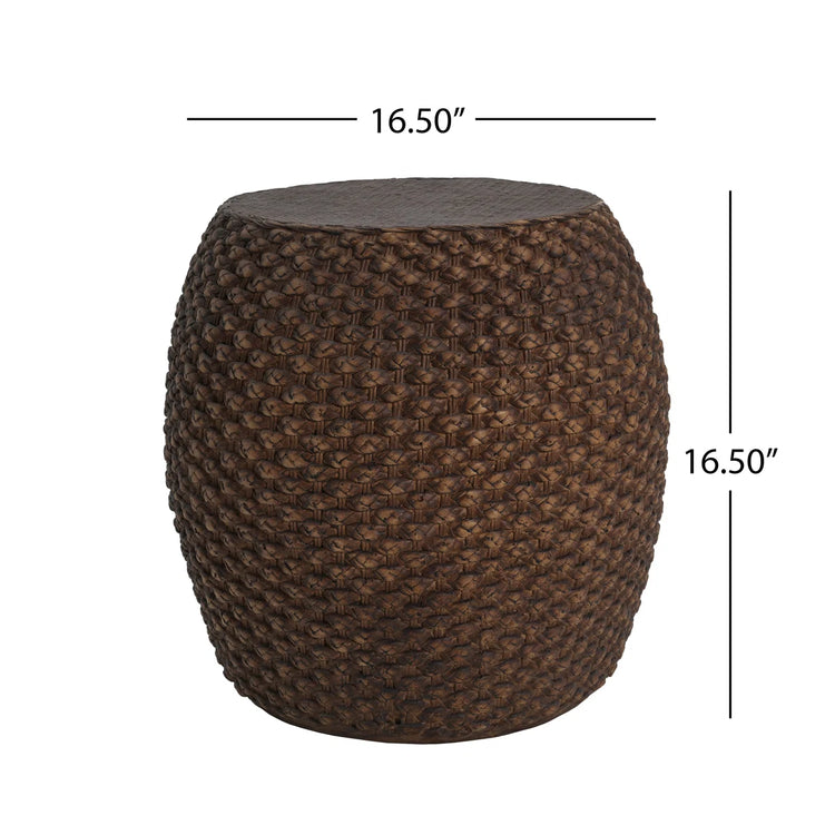 Faux rattan side table for indoor and outdoor use with a compact brown woven design.