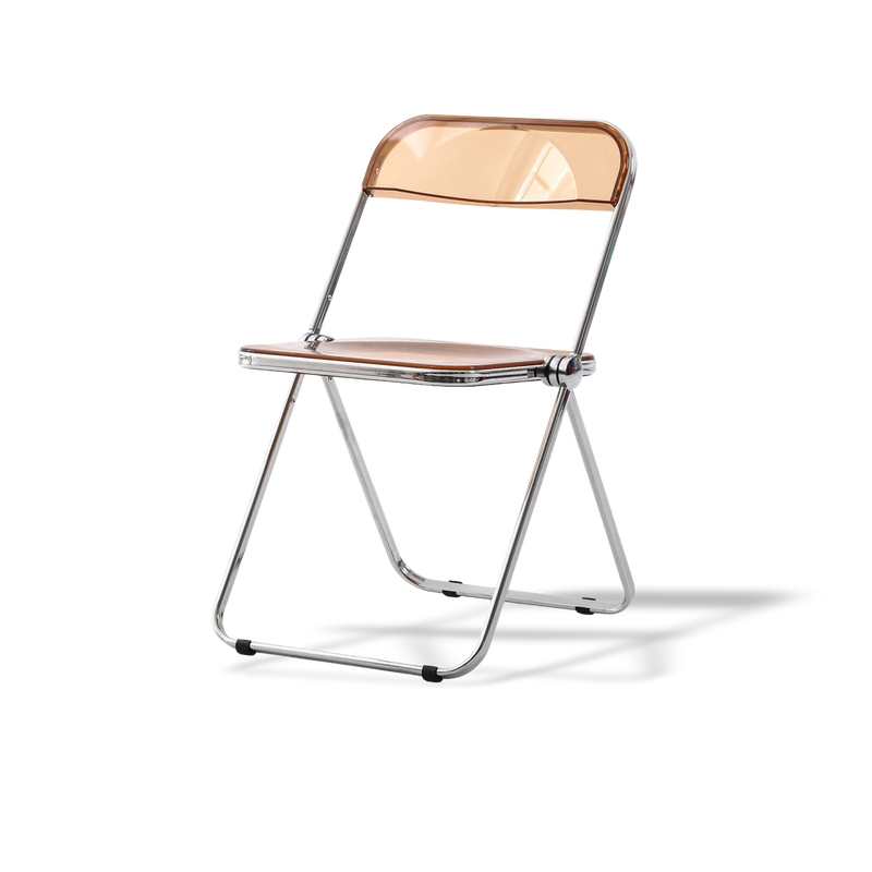 Foldable yellow chair with transparent backrest on a white background