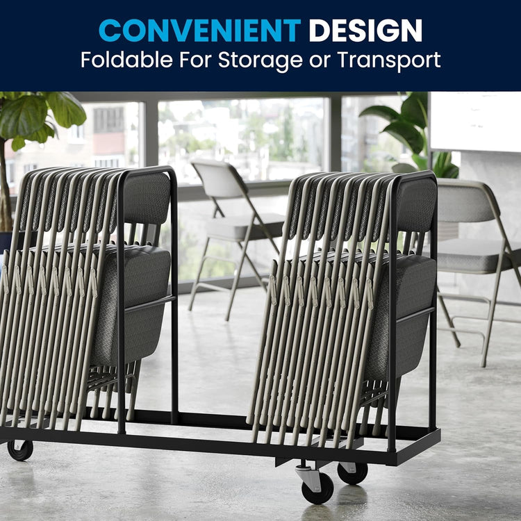 Foldable chairs on a trolley with text 'Convenient Design, Foldable For Storage or Transport' in an indoor setting.