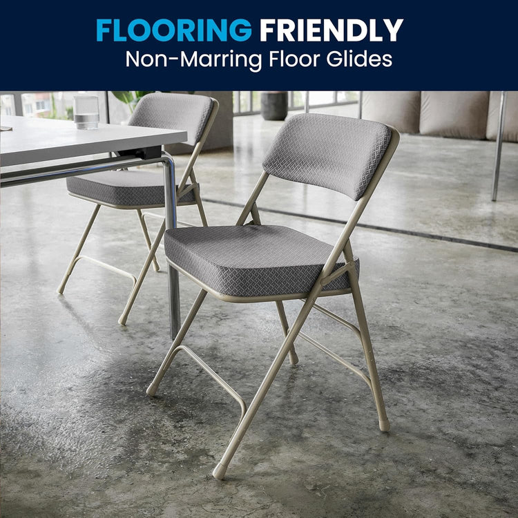 Folding chairs with gray cushions on a concrete floor with 'Flooring Friendly' text at the top.