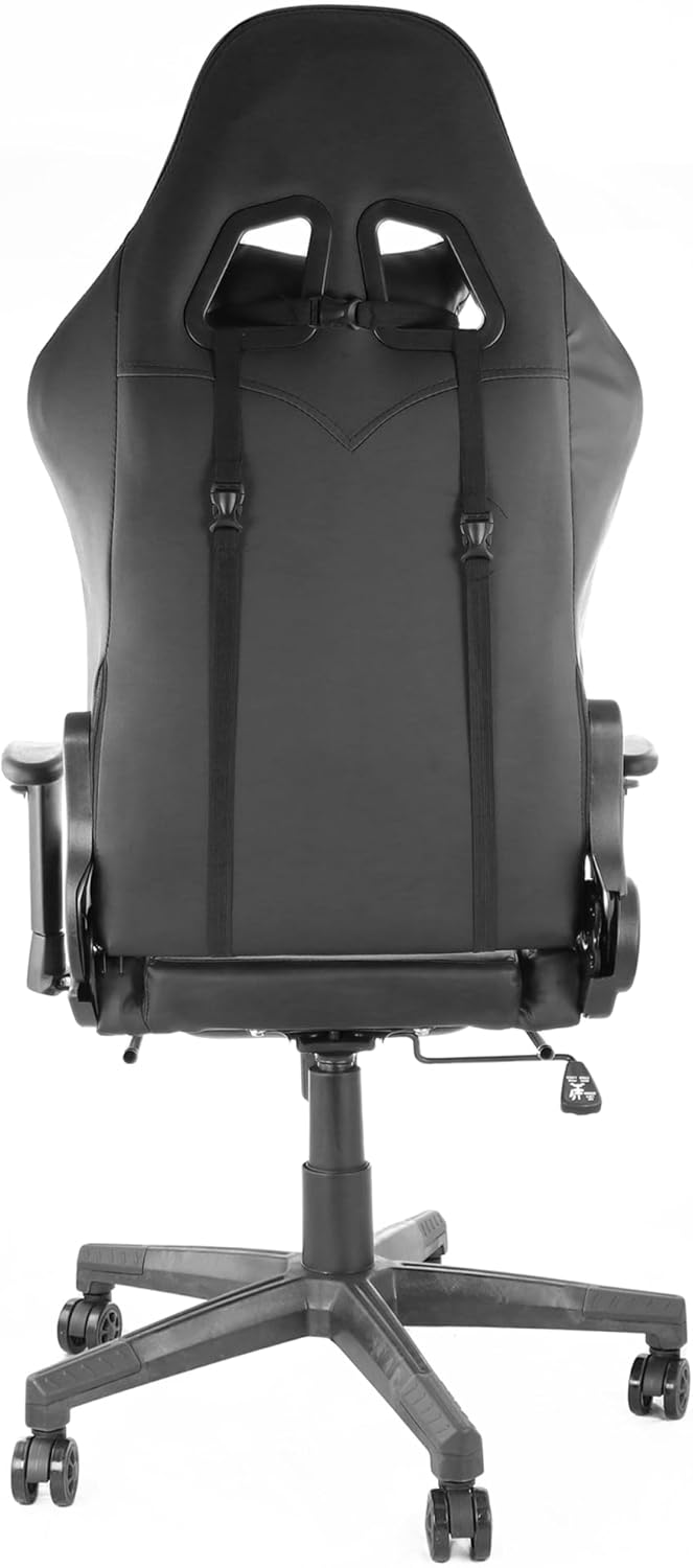 GameFitz Black Gaming Chair with Folding Foot Rest, back view with head pillow and lumbar support for marathon gaming.