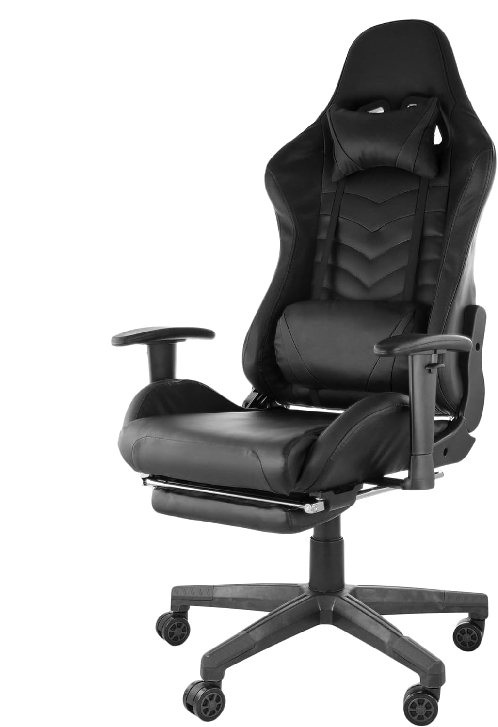 GameFitz Black Gaming Chair with fold-out foot rest, head pillow, and adjustable lumbar support
