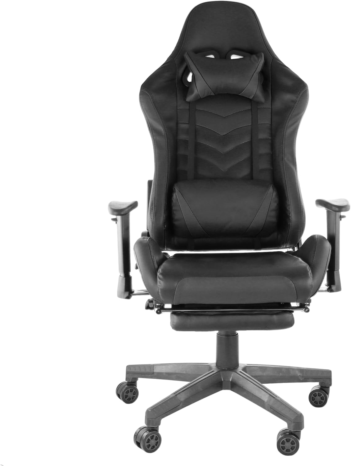 GameFitz Black Gaming Chair with folding foot rest, head pillow, and lumbar support on a wheeled base.