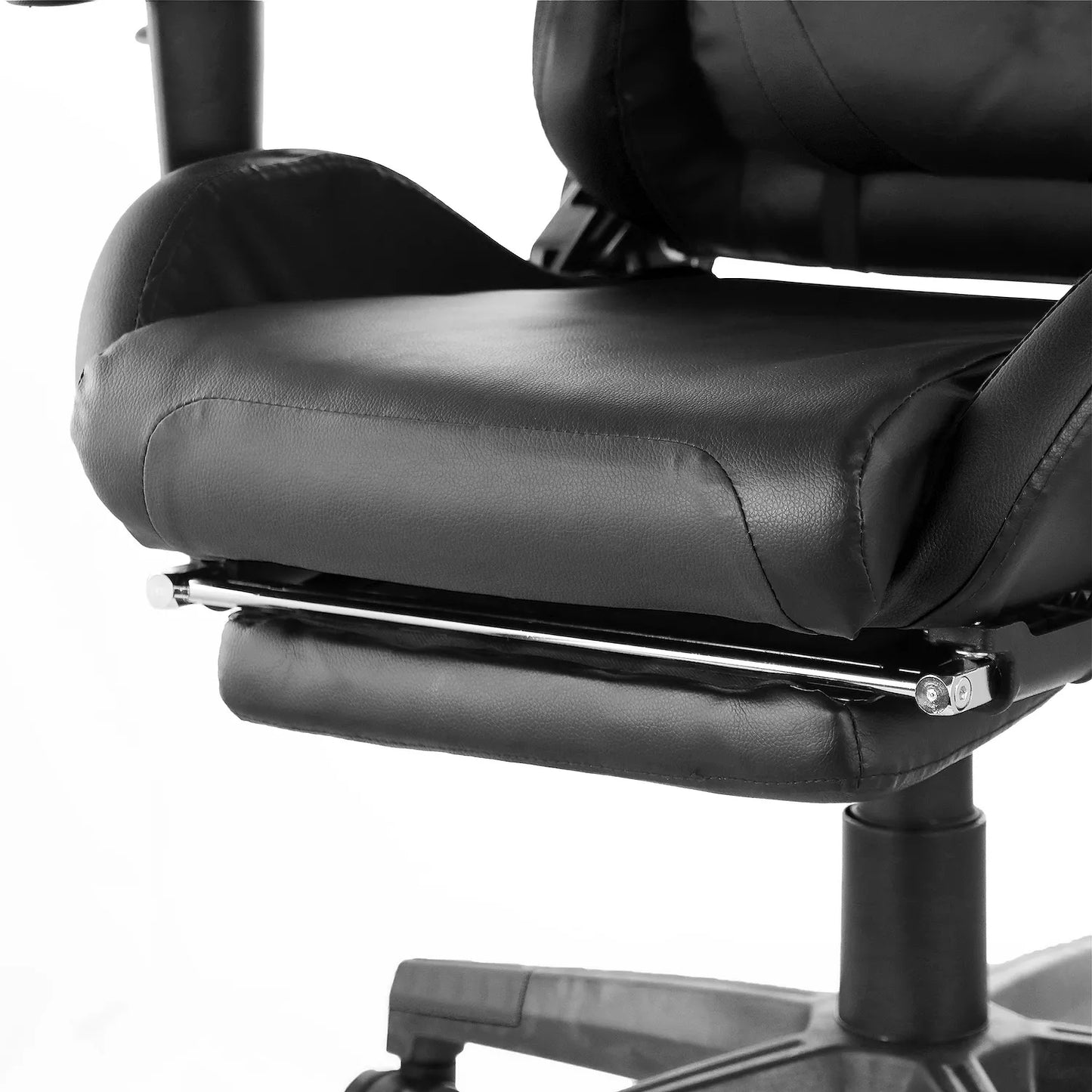 GameFitz Gaming Chair in Black With Folding Foot Rest, ergonomic marathon chair with head pillow and lumbar support.