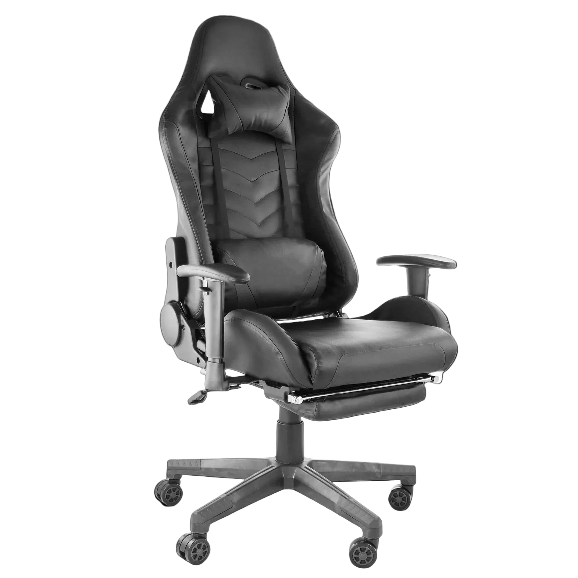 GameFitz black gaming chair with folding foot rest, head pillow, and adjustable lumbar support
