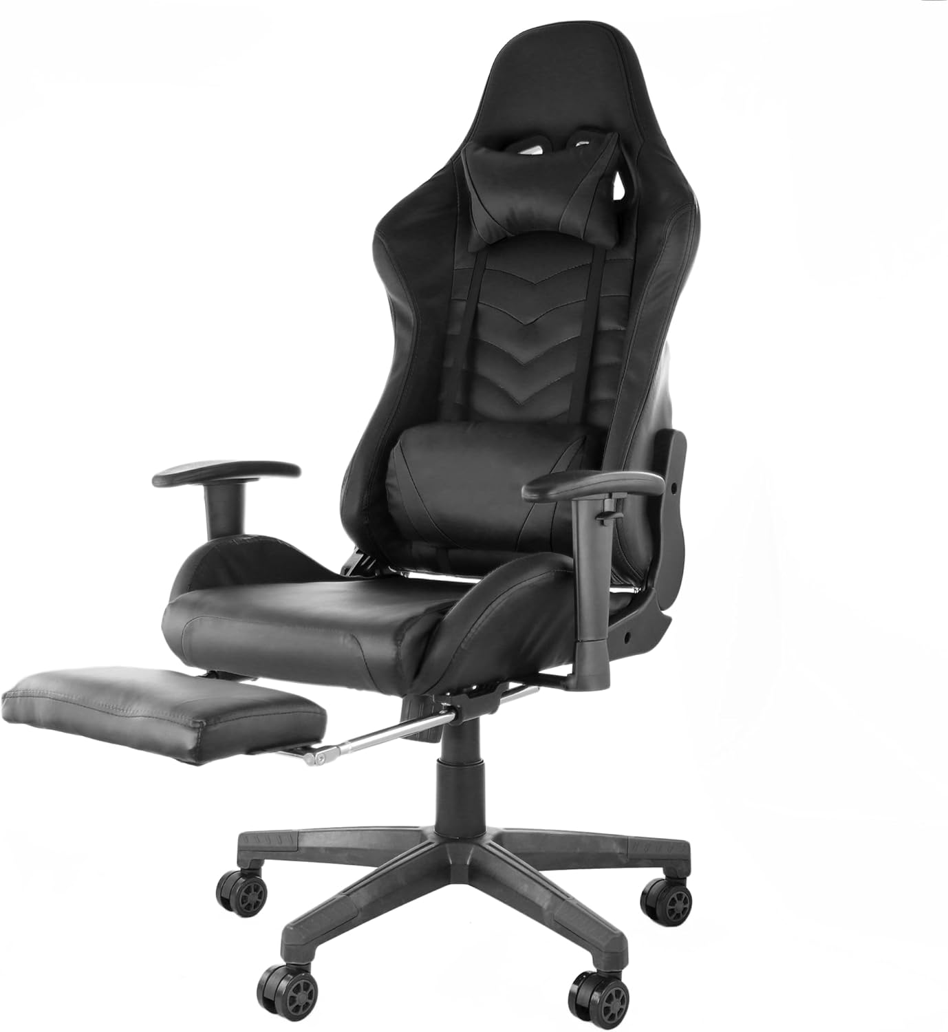 GameFitz black gaming chair with folding foot rest, head pillow, and adjustable lumbar support for marathon gaming.