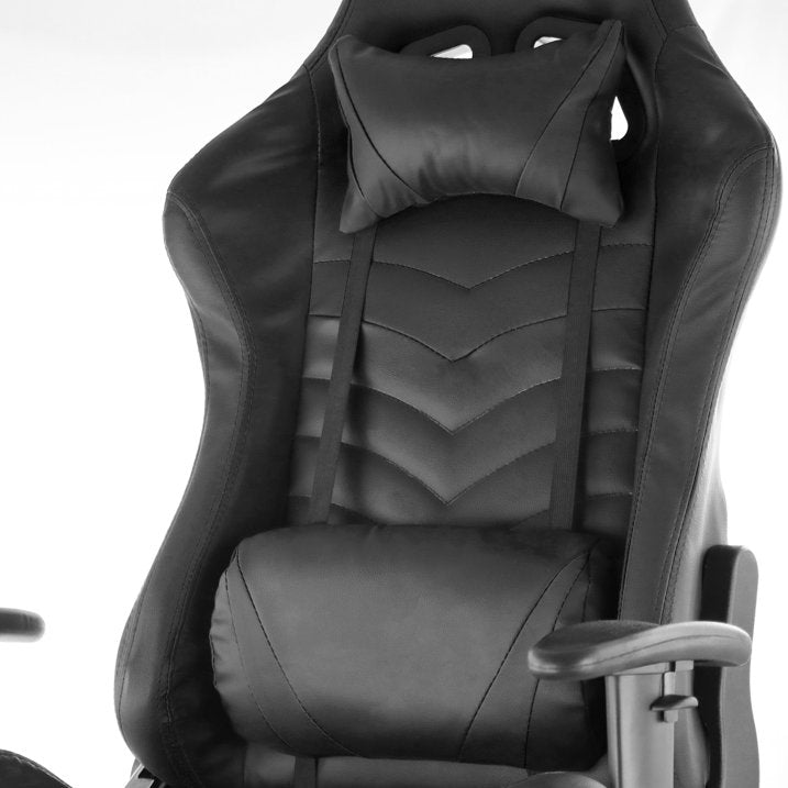 GameFitz black gaming chair with integrated head pillow, lumbar cushion, and curved high back.