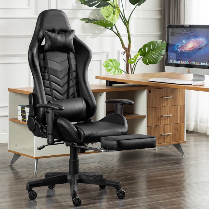 GameFitz gaming chair in black with folding foot rest, integrated head pillow and lumbar support.