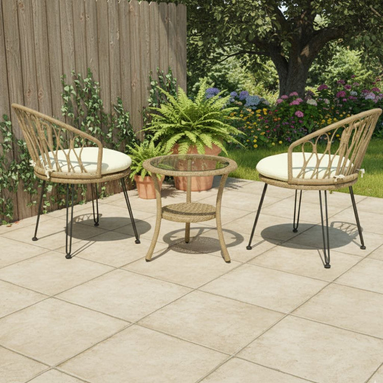 Garden furniture set with two chairs and a table on a patio