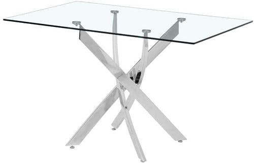 Glass dining table with metal legs on a white background