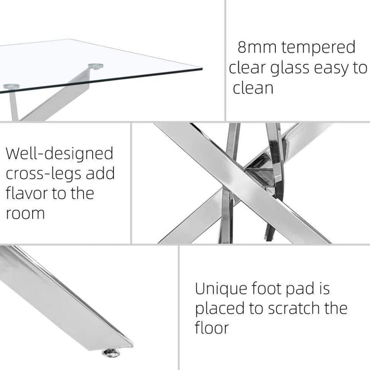 Glass table with metal legs and text highlighting features like tempered glass and cross-legs.