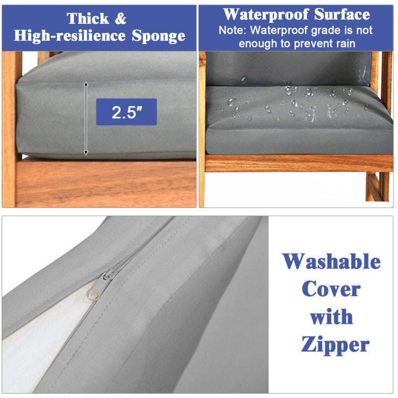 Gray cushion with waterproof surface, thick sponge, and washable cover with zipper on a wooden chair.