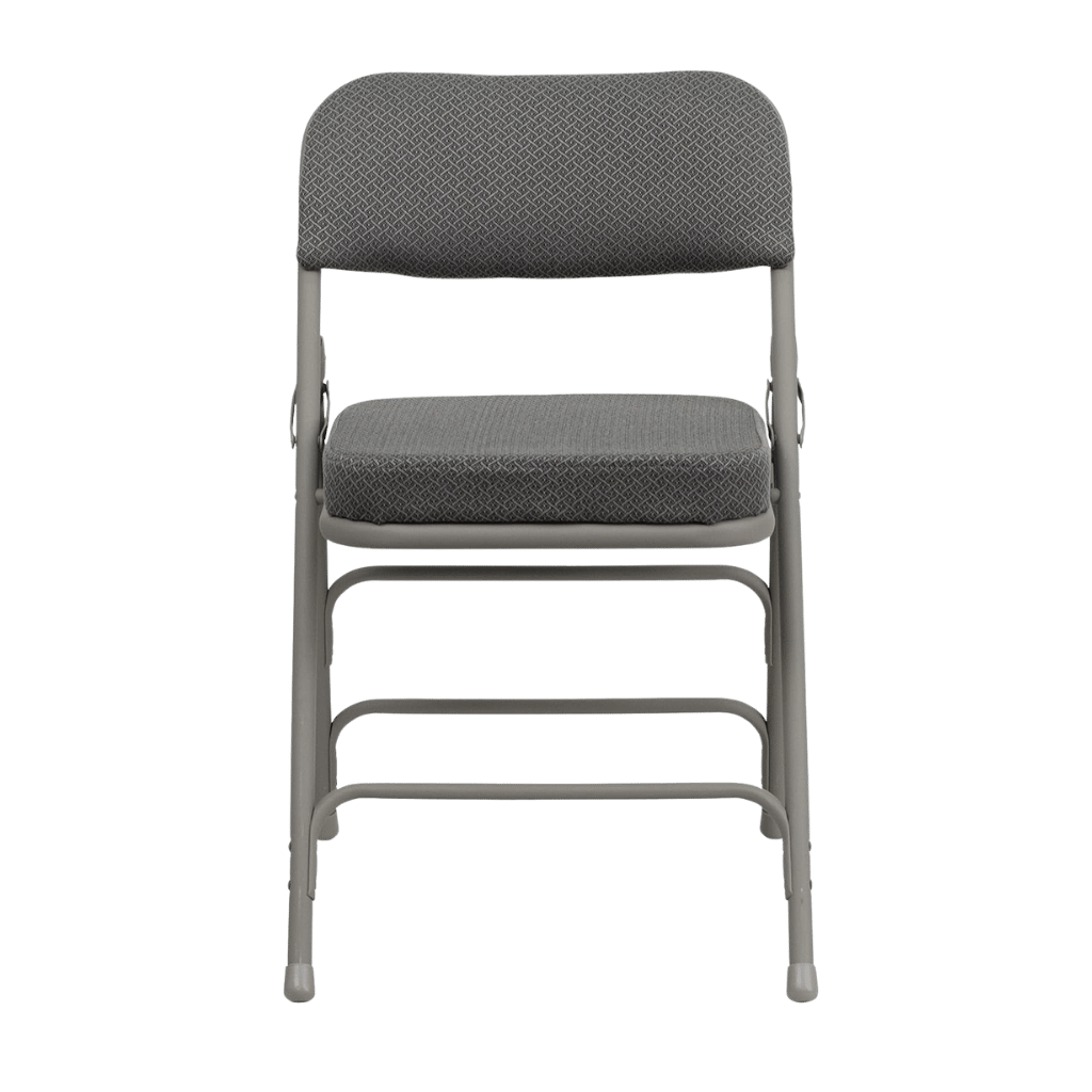 Two Hercules folding chairs with cushioned fabric seats in gray, stacked for compact storage.