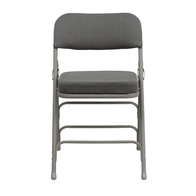 Gray folding chair with cushioned seat and back on a transparent background