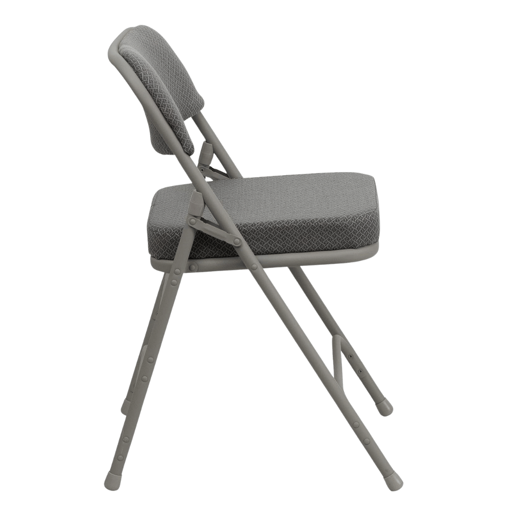 Two Hercules folding chairs with cushioned fabric seats, gray frame, easy-fold and space-saving seating.